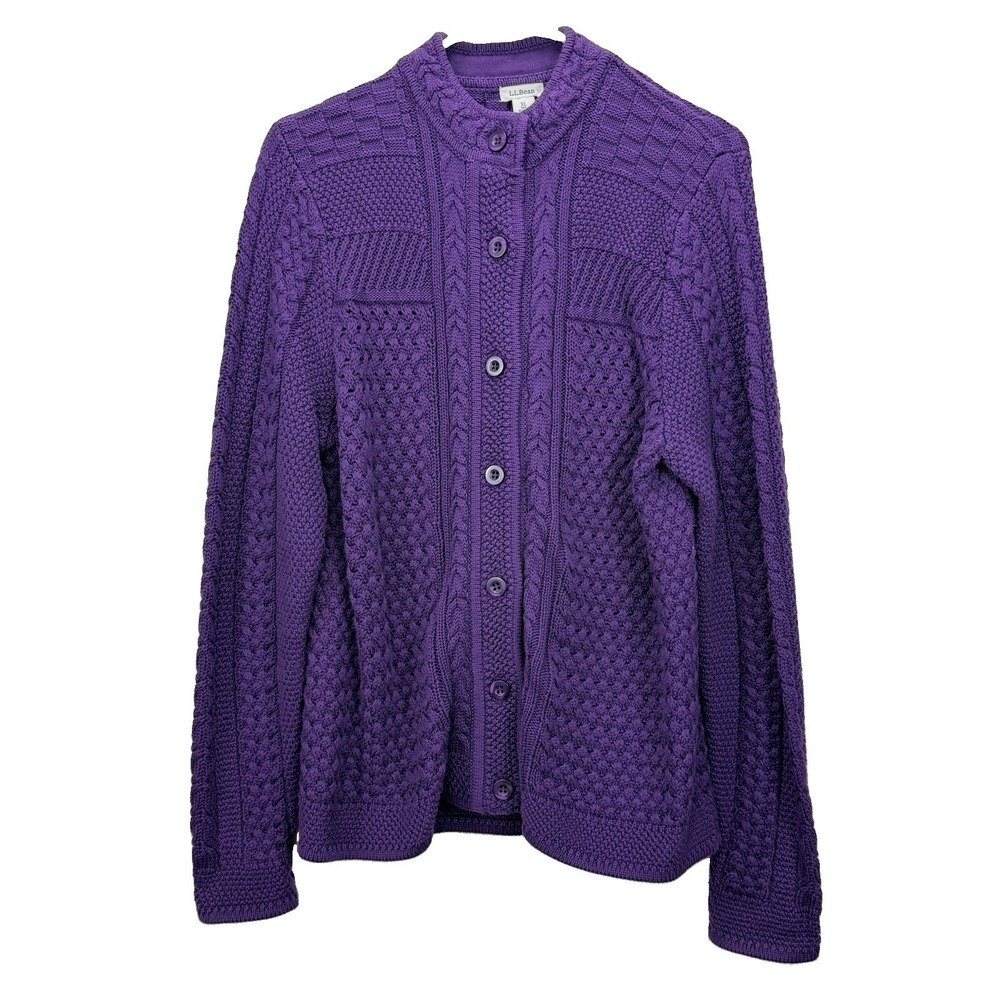 LL Bean Purple Stitchworks Button Up Cotton Cardigan Sweater Size XL - Picture 2 of 8